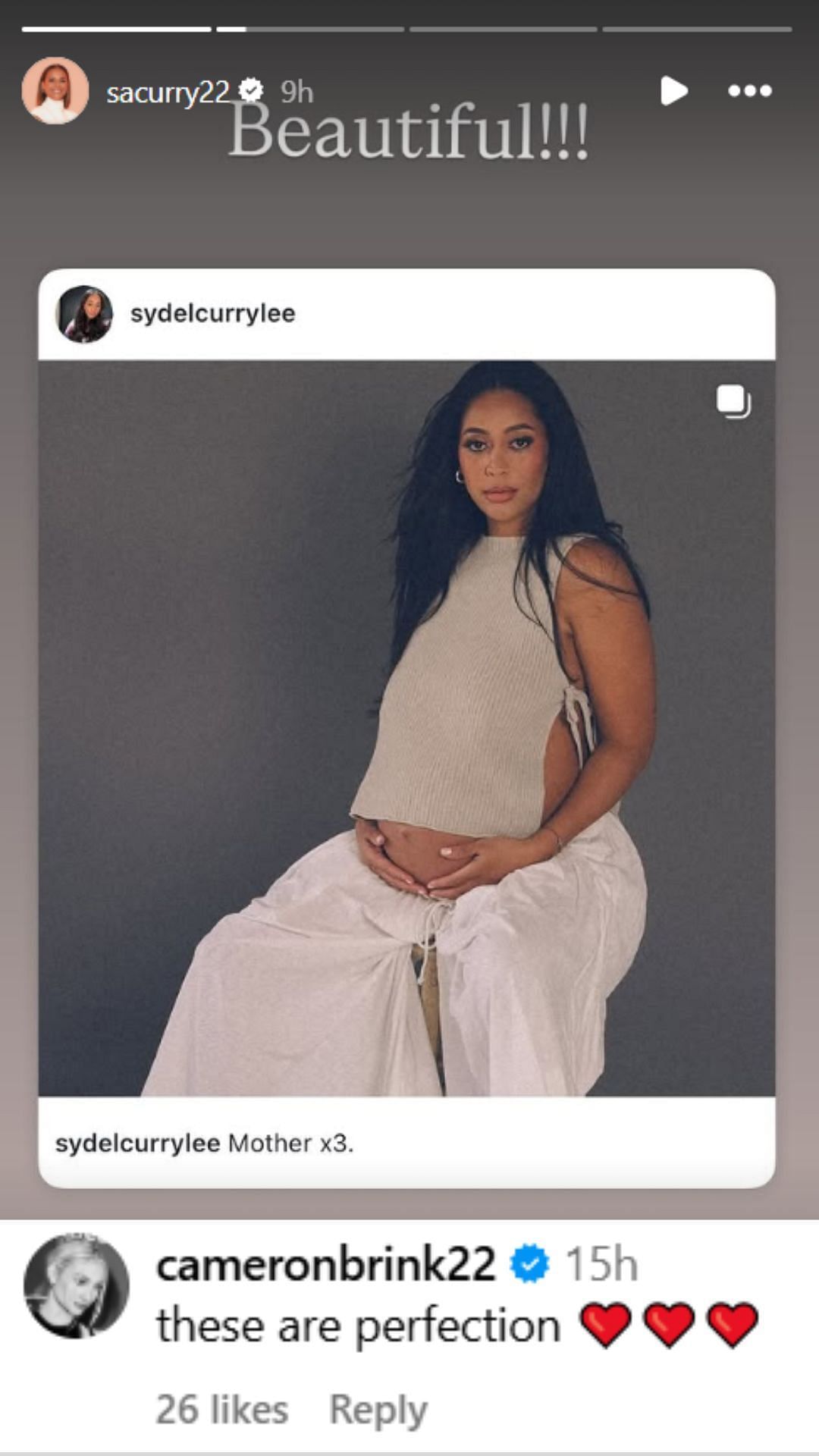 Sonya and Cameron react tot Sydel's pregnancy photos (Image: @sacurry22 IG, @sydelcurrylee IG)